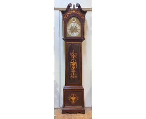 A Fine Edwardian musical longcase clock, the mahogany case with brass ball finial over swan neck pediment, boxwood marquetry 