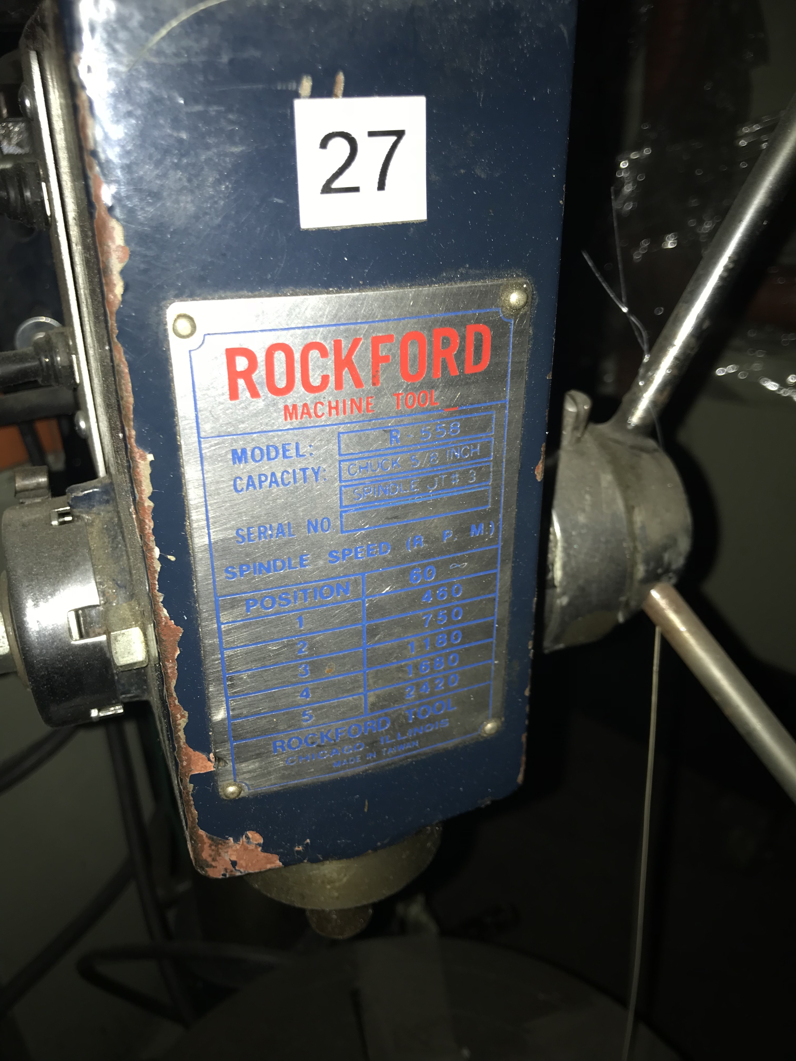 Rockford Bench Type Drill Press, Model R558, Chuck 5/8", Spindle JT 3