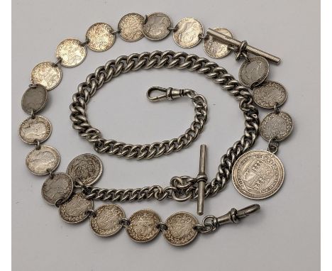 A Victorian pocket watch chain, the links consisting of an 1887 shilling and mixed threepence coins, together with another si