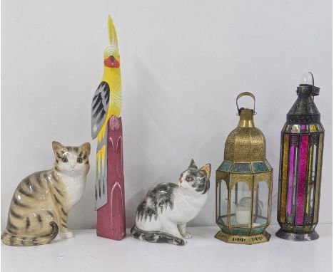 A mixed lot to include two Moroccan style lantern light lamps, together with a pair of ceramic cats, A/F and one other, Locat