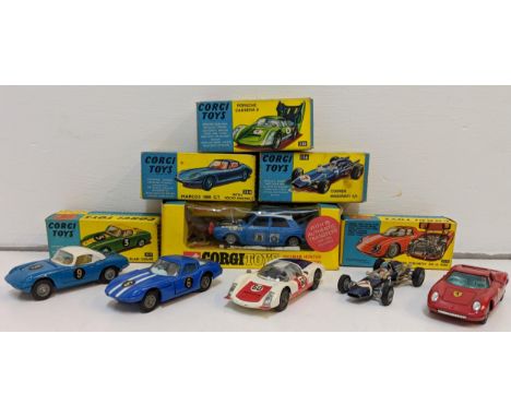 Diecast Corgi toys, all boxed to include a Hillman Hunter with a kangaroo, a Cooper Maserati F/1 (156), a Marcos 1800 Gt with