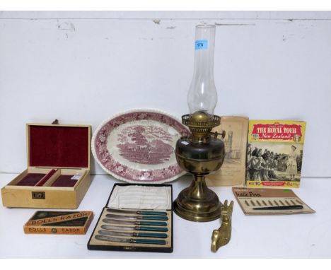 A mixed lot to include a Duplex brass oil lamp with glass smoke funnel, Adams pottery meat plate, jewellery box, commemorativ