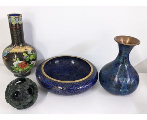 Two Chinese cloisonne vases and a bowl, together with a jade coloured puzzle ballLocation: 