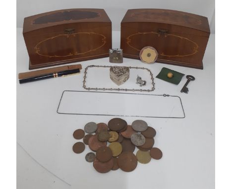 A pair of reproduction Italian style boxes, signed Oliver Feist together with mixed coins, a vintage lighter, a silver chain 