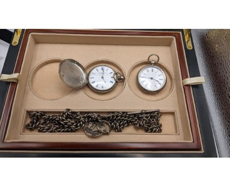 Two late 19th/early 20th silver cased fob watches together with a curb link pocket watch chain and a Harrod & Fore watch boxL