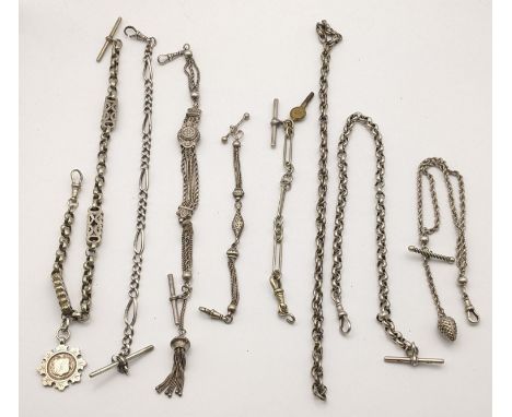 A selection of white metal and silver plated pocket watch chains to include a fancy Albertina chain with T-bar, 152g, Locatio