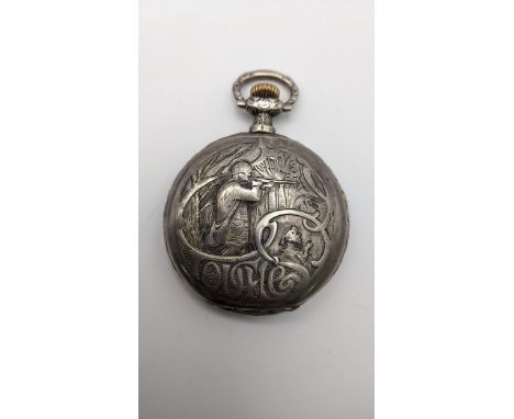 An early 20th century Longines Continental silver full Hunter pocket watch, the case decorated with hunting scenes and dust c