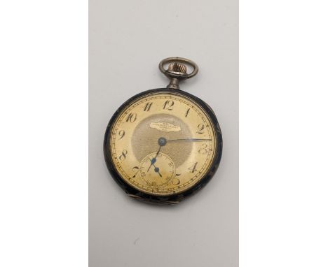 An Audemars Freres open faced pocket watch having a gilt engine turned dial, Niello decorated silver caseLocation: 