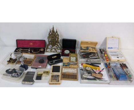 A mixed lot to include a skeleton clock A/F and mixed watch makers tools and accessories to include a Combimice, screwdrivers