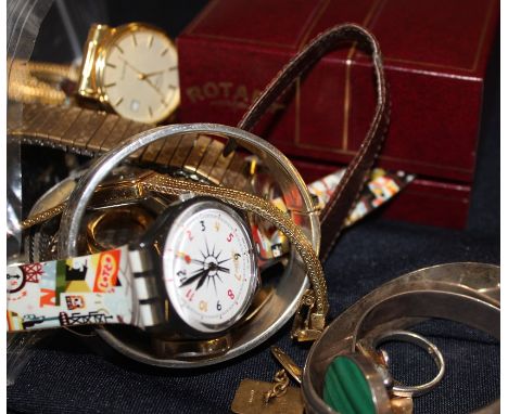 A collection of wristwatches and costume jewellery, to include; a Ralph Weston silver and malachite bangle and ring set, both