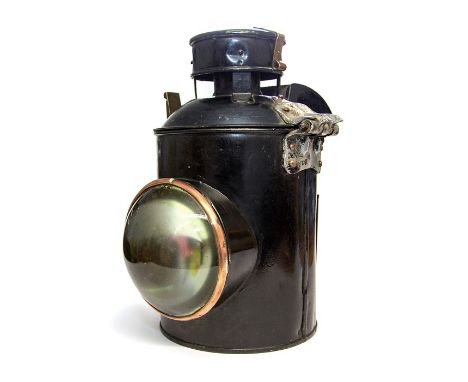 A late 19th/early 20th century railway lamp, black lacquered, unmarked, approx 32cm high&nbsp;