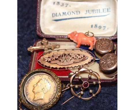 A 9ct. gold Victorian "Diamond Jubilee" brooch, of navette form, pierced and engraved to centre with initials and flowers and