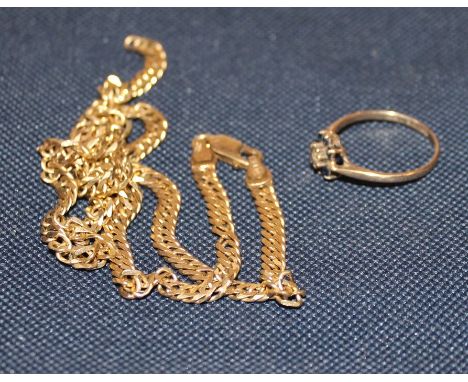 A 9ct. gold flat filed link bracelet,&nbsp;stamped "375", (as found), (11.8g), together with a 9ct. gold, sapphire and paste 