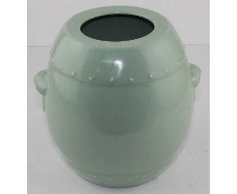 A Chinese porcelain celadon Daugang monochrome barrel vase, seal mark underside, 18 cm highcondition perfect no cracks no chi