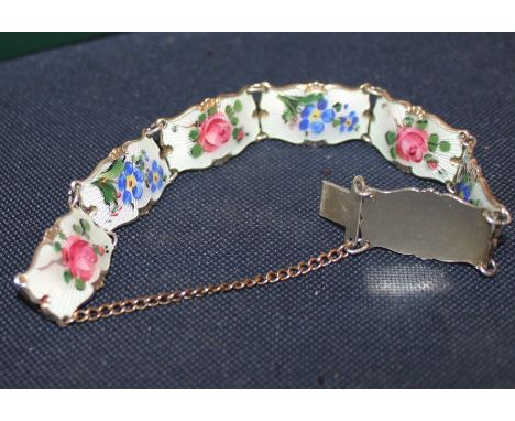 A Ivar T Holth (Oslo, Norway) silver enamel panel bracelet,&nbsp;the links alternating pink roses and blue flowers painted on