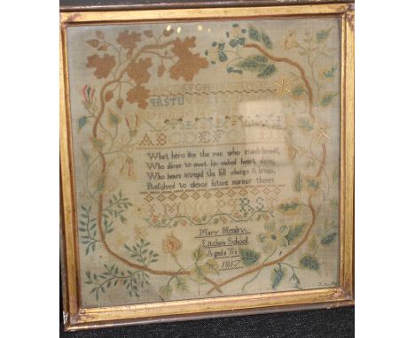 An early 19th century needlework sampler, with alphabet and poem within floral decorated border, by Mary Hendry, Litcham Scho