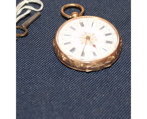 A 14ct. gold ladies' pocket watch, key wind, having pink and white dial with Roman numeral chapter ring, 38mm wide engraved c