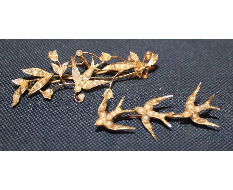 A 15ct. gold and seed pearl "swallow" bar brooch, fashioned as three swallows in flight, each set seed pearls and with engrav