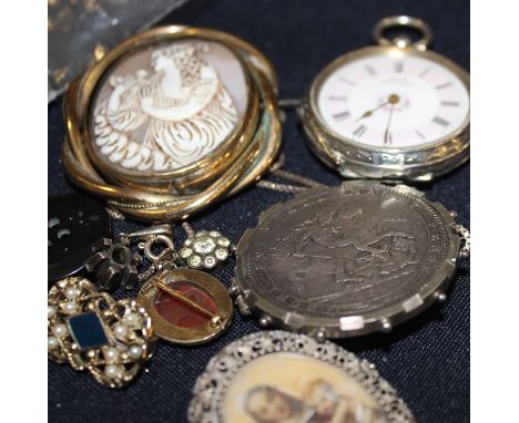 A collection of antique and vintage jewellery items, to include; A Kay's Empress ladies' silver pocket watch, key wind, havin