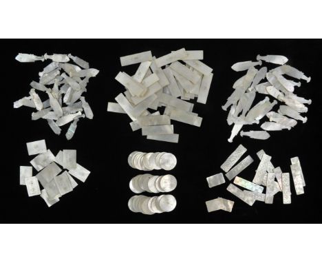 A Quantity of Chinese Mother of Pearl Counters. 19th century to include, more than 60 fishes (5.5 cm long for the biggest) an