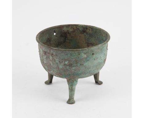 Chinese archaic style bronze tripod ding. The body decorated with geometrical patterns . 14 cm diameterCondition Report:  Cor