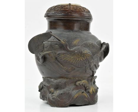 A Japanese part of a vase , Meiji period and a Chinese wooden cover. The Vase decorated with cranes and the wooden incrusted 