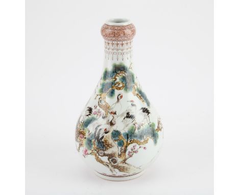 A Chinese famille rose garlic neck vase, 20th century finely painted with cranes and with an inscription and seal. An apocryp