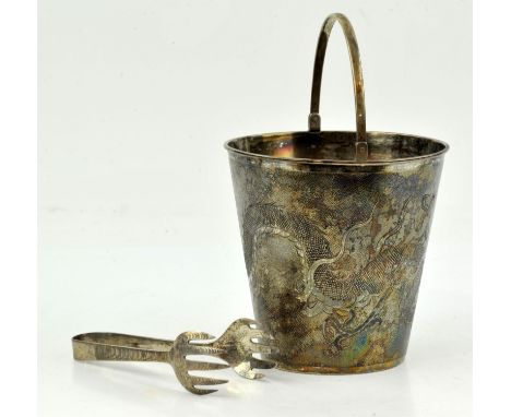 Chinese silver ice bucket engraved with a dragon chasing a pearl on a textured background, stamped LYH 90 Silver and with a c