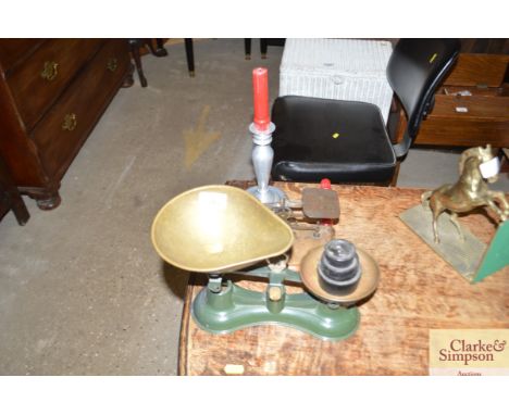 A set of postage scales and weights; a set of kitchen scales and weights; candle stick etc.