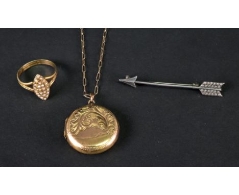 A gold, circular engraved locket pendant, stamped 9CT, with chain, 6.76g gross and a 15ct gold, seed pearl marquise shaped ri