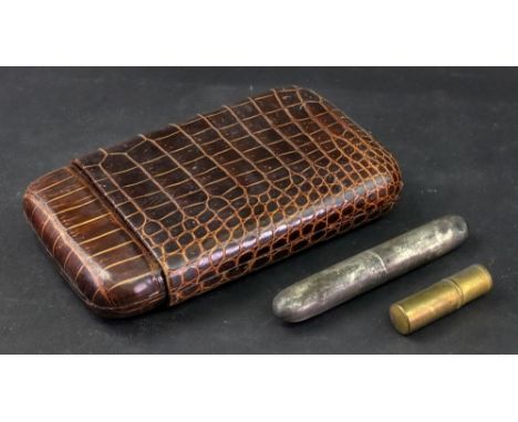 A vintage crocodile four division cigar case, with pull off cover, 18.5cm wide, a gilt metal 'The Park' lighter and a metal s