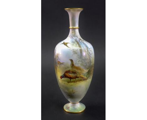 A Grainger Worcester vase, circa 1900, the slender lobed ovoid body painted by James Stinton, signed, with pheasants in a gla
