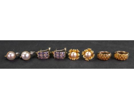 A pair of rose diamond and cultured pearl earrings, a pair of imitation pearl earstuds, a pair of 9ct gold and citrine earcli