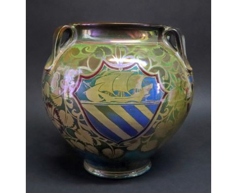 A good Pilkingtons Royal Lancastrian three handled vase, by William S Mycock, 1913, shouldered ovoid form with three lug hand