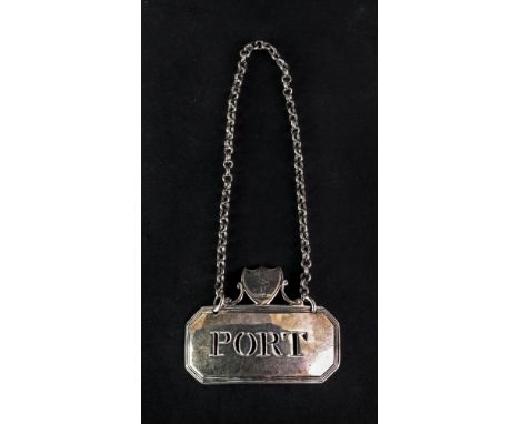 A George III silver bottle ticket PORT, Samuel Brough, circa 1810, curved canted corner rectangular with threaded edge, pierc