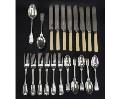 A matched part canteen of Victorian and later fiddle and thread pattern silver flatware, John Aldwinckle &amp; Thomas Slater,