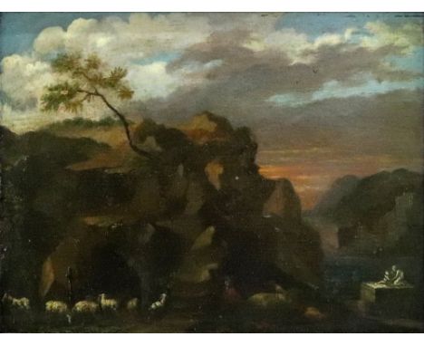 European School, 18th Century, Sheep in a rocky coastal landscape; Cattle in a rocky landscape, a pair, each indistinctly ins