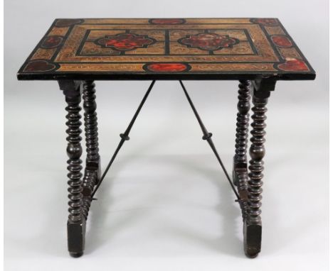 A Dutch walnut side table, late 17th century, the associated rectangular rosewood, ebony and scarlet tortoiseshell top possib