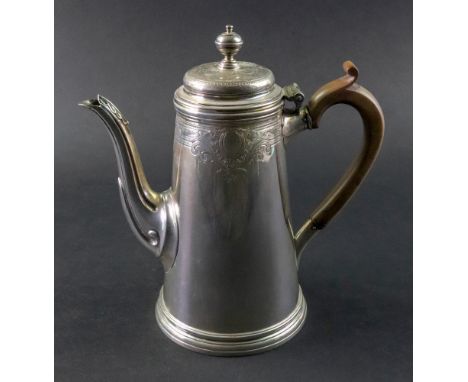 A George I style silver coffee pot, J Parkes &amp; Co, London 1930, of tapered cylindrical form, the engraved upper frieze wi