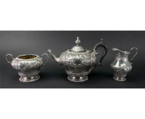 A Victorian silver three piece tea service, Mappin & Webb, Sheffield 1890, in George II style, ogee form with gadroon rims, t