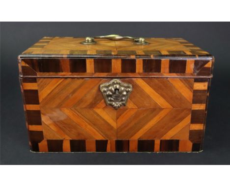 A George III and later laburnum and mahogany rectangular tea caddy, chequer crossbanded and quarter veneered with diamond pat