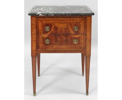 An North Italian walnut Kingwood and mahogany banded and strung petit commode, late 18th/early 19th century, the black veined