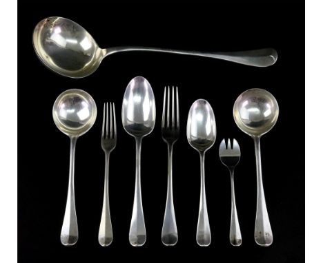 An Edwardian Scottish silver Hanoverian pattern canteen, R & W Sorley, Glasgow 1909, comprising; 23 tablespoons, 36 table for