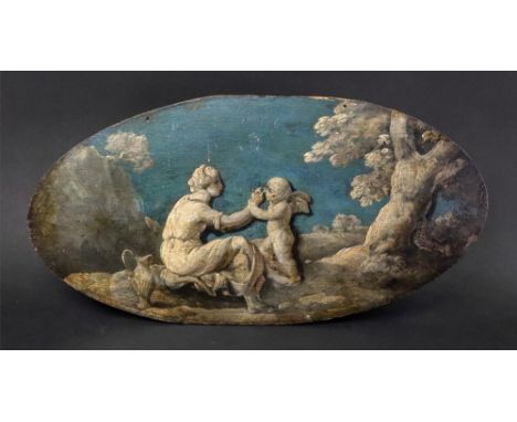European School, 19th Century, A woman and cherub in a landscape, oil on panel, 22 x 43cm.