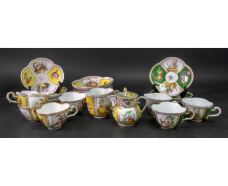 A collected Dresden and other German porcelain part tea service, typically painted with alternating panels of romantic figure