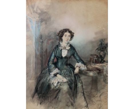 English School, 19th Century, A portrait of a seated lady, watercolour heightened with white, 43 x 33cm.