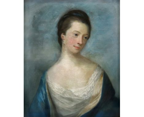 French School, 18th Century, A portrait of a lady, in a white dress and blue shawl, pastel, 60 x 47cm. Illustrated