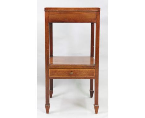 A George III mahogany boxwood strung two tier basin stand, with single drawer, on square legs with spade feet, later lift-off