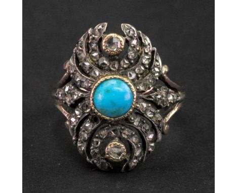 A 19th century, gold, turquoise and diamond set dress ring, the open 'c' scroll panel with central cabochon and rose cut ston