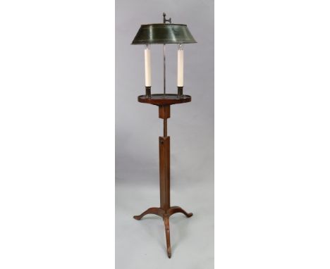 A gilt metal bouillotte lamp and mahogany gueridon, in late 18th century style, twin light with oval tole peintre shade, the 
